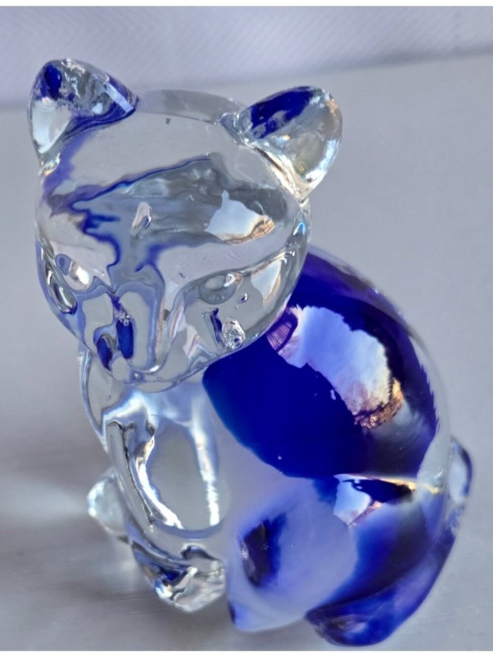 Clear Art Glass Sitting Cat Figurine Paperweight Blue Color 3.5" Tall